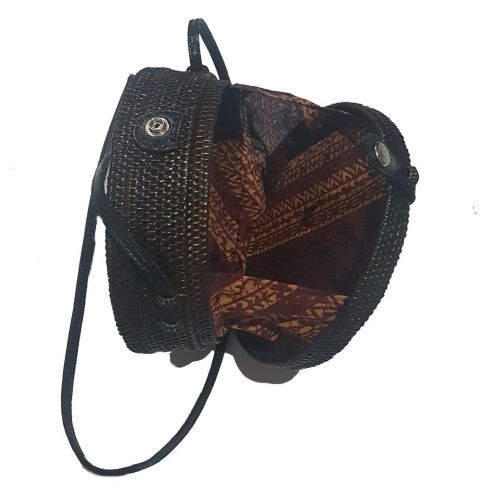  Rattan Nation - Black Round Rattan Bag (Flower Weave Leather Closure), Straw Bag