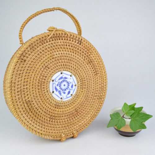  Rattan bag Women Straw Bag Mini Circle Handmade Beach Summer Porcelain Travel Rattan Tote Knitted Handbags