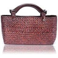 Rattan bag QTKJ Hand-woven Large Retro Straw Handbag Bag Summer Beach Boho Rattan Tote Travel Bag with Wooden Top Handle (Red)