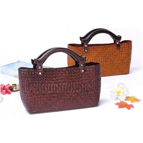  Rattan bag QTKJ Hand-woven Large Retro Straw Handbag Bag Summer Beach Boho Rattan Tote Travel Bag with Wooden Top Handle (Red)