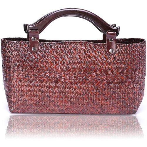  Rattan bag QTKJ Hand-woven Large Retro Straw Handbag Bag Summer Beach Boho Rattan Tote Travel Bag with Wooden Top Handle (Red)