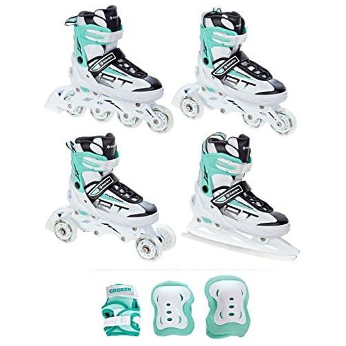  RAVEN 4in1 Inlineskates/Triskates/Rollschuhe/Schlittschuhe Profession White/Mint verstellbar + Schuetzer Croxer Finesse