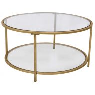 Ravenna Home Parker Circle Shelf Storage Coffee Table, 31.5W, Glass and Gold