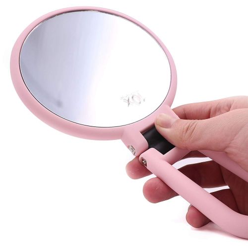  Ravinte 10x Magnifying Handheld Mirror-Travel Folding Hand Held Mirror-Double Sided Pedestal Makeup Mirror With 1/10x Magnification-5inch Compact Size-Portable Vanity Standing Round Cosmet