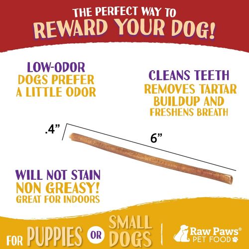  Raw Paws Thin Bully Sticks 6 inch - Small Bully Sticks for Puppies - USDA, Grass Fed, No Hormones, Free Range Cows - Bull Pizzle Sticks - Puppy Bully Bones for Small Dogs - Skinny