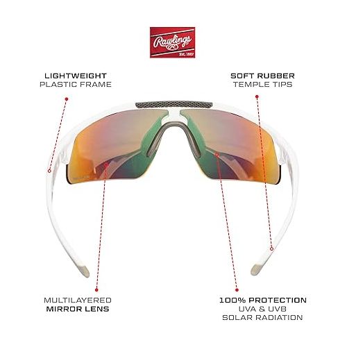 롤링스 Rawlings Baseball Sunglasses or Softball Sunglasses - Ages 10 to Adult - Unisex Fit - Cycling Sunglasses - White/Orange/Multi