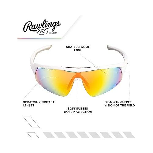 롤링스 Rawlings Baseball Sunglasses or Softball Sunglasses - Ages 10 to Adult - Unisex Fit - Cycling Sunglasses - White/Orange/Multi