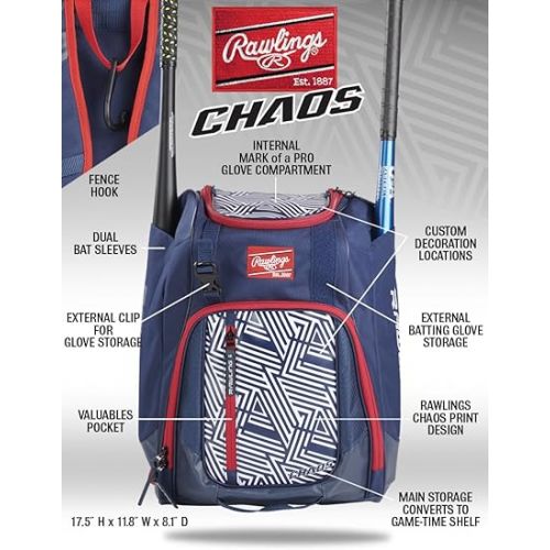 롤링스 Rawlings | CHAOS Backpack Bag Series | Youth | Baseball & Fastpitch Softball | Multiple Colors