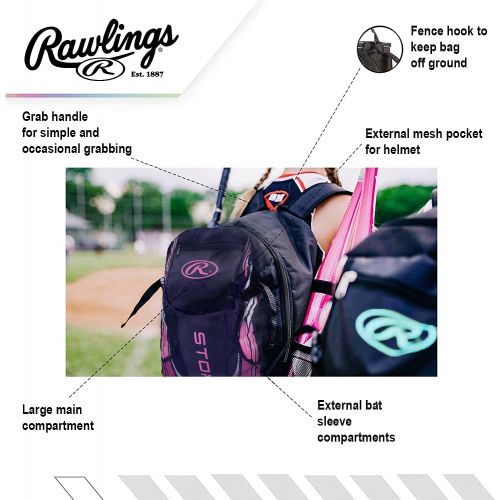 롤링스 Rawlings Storm Girls Softball Bag - Sized for Youth Softball Backpack for Girls or TBall Bag ? Holds Two Bats ? Includes Hook to Hang on Fence