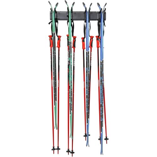  RaxGo Ski Wall Rack, Holds 4 Pairs of Skis & Skiing Poles or Snowboard, for Home and Garage Storage, Wall Mounted, Heavy Duty, Adjustable Rubber-Coated Hooks