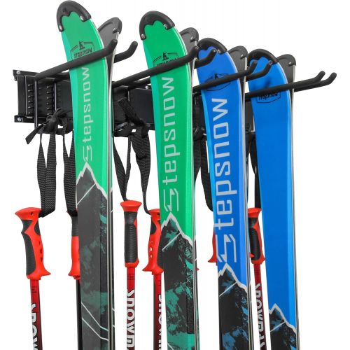  RaxGo Ski Wall Rack, Holds 4 Pairs of Skis & Skiing Poles or Snowboard, for Home and Garage Storage, Wall Mounted, Heavy Duty, Adjustable Rubber-Coated Hooks