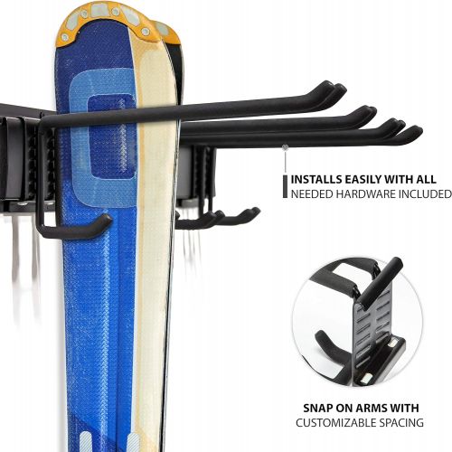  RaxGo Ski Wall Rack, Holds 4 Pairs of Skis & Skiing Poles or Snowboard, for Home and Garage Storage, Wall Mounted, Heavy Duty, Adjustable Rubber-Coated Hooks
