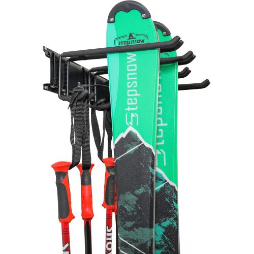  RaxGo Ski Wall Rack, Holds 4 Pairs of Skis & Skiing Poles or Snowboard, for Home and Garage Storage, Wall Mounted, Heavy Duty, Adjustable Rubber-Coated Hooks