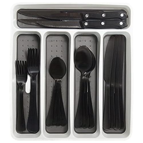  [아마존베스트]RayPard 24-Piece Silverware Set, Flatware Set Mirror Polished, Dishwasher Safe Service for 4, Include Fork/Spoon with 5-Compartment Non Slip Silverware Drawer Organizer Box Tray (B