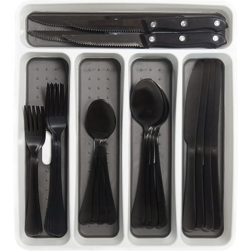  [아마존베스트]RayPard 24-Piece Silverware Set, Flatware Set Mirror Polished, Dishwasher Safe Service for 4, Include Fork/Spoon with 5-Compartment Non Slip Silverware Drawer Organizer Box Tray (B