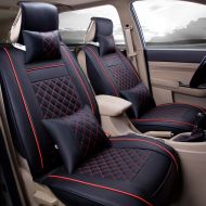 Rayauto Super PDR Luxury PU Leather Auto Car Seat Covers 5 Seats Full Set Universal Fit Easy to Clean Anti-Slip Four Seasons General Car Seat Cushions (Black&Red M)