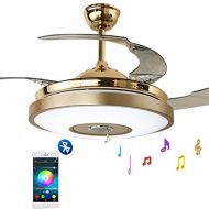 Razaban 42 inch Ceiling Fans Lights with Bluetooth Speaker by Mobile phone, Modern 7-color Dimming Mute Chandelier Ceiling Fans with Lights fit for Bedroom Dining/Living Room(Gold)