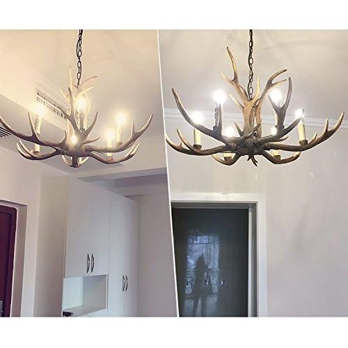  Razaban Resin Antler Chandeliers Faux Antler Fixture 6 Light with Matching Chain Creative Pendant Light for Living Room Restaurant Bar Cafe Dining Rooms (Bulbs Not Included)