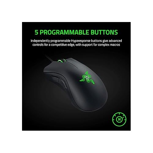 레이저 Razer DeathAdder Essential Gaming Mouse: 6400 DPI Optical Sensor - 5 Programmable Buttons - Mechanical Switches - Rubber Side Grips - Classic Black