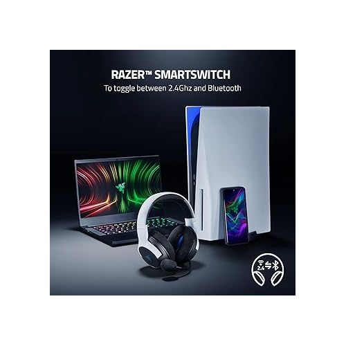 레이저 Razer Kaira Dual Wireless Gaming Headset for Playstation 5 / PS5, PC, Mobile, PS4: Triforce 50mm Drivers - HyperClear Cardioid Mic - 2.4GHz and Bluetooth w/SmartSwitch - EQ Toggle - White/Black