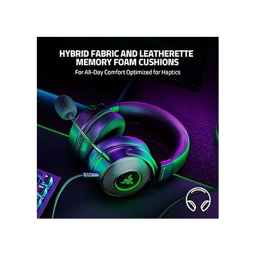 레이저 Razer Kraken V3 HyperSense Wired USB Gaming Headset w/Haptic Technology: Triforce Titanium 50mm Drivers - THX Spatial Audio - Hybrid Fabric & Leatherette Memory Foam Cushions - Detachable Mic