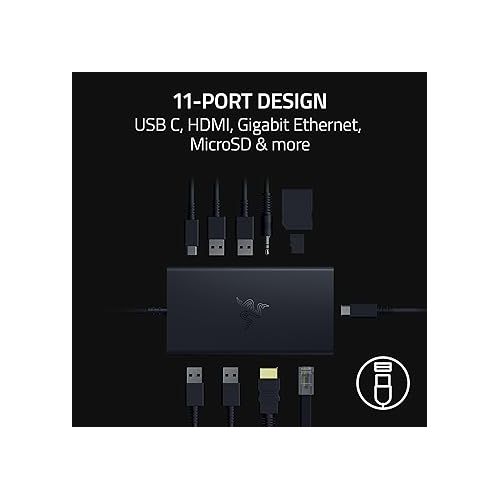 레이저 Razer USB C Dock 11-port Travel Charging Station for Windows Mac Laptop iPad Surface Chromebook Galaxy Tab: Type C, HDMI, Ethernet, MicroSD - 4K 60 Hz Display - 85 W Tablets + Mobile Fast Charge