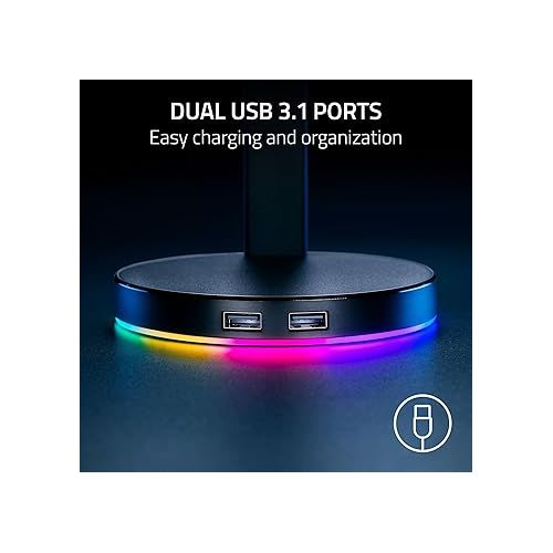 레이저 Razer Base Station V2 Chroma Headphone Headset Stand Holder: Chroma RGB Lighting - Taller Stand & Anti-slip Ledge - USB Charging Ports - Anti-Slip Rubber Base - 3.5mm Port + Built-in DAC - Black