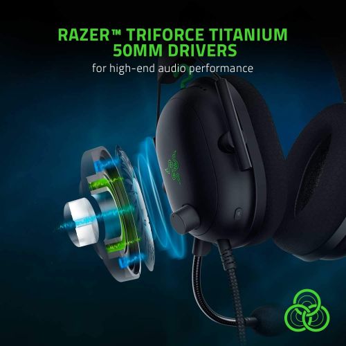 레이저 Razer BlackShark V2 Gaming Headset: THX 7.1 Spatial Surround Sound - 50mm Drivers - Detachable Mic - PC, PS4, PS5, Switch, Xbox One, Xbox Series X & S, Mobile - 3.5 mm Audio Jack &