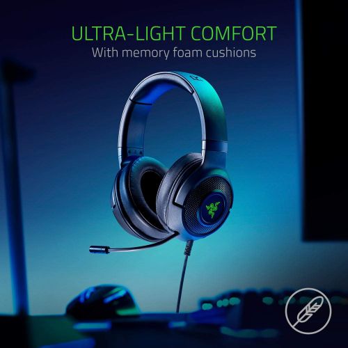 레이저 Razer Kraken X USB Ultralight Gaming Headset: 7.1 Surround Sound - Lightweight Frame - Green Logo Lighting - Integrated Audio Controls - Bendable Cardioid Microphone - For PC - Cla