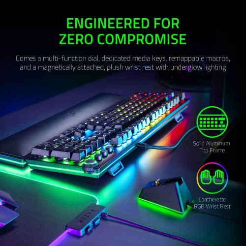 레이저 Razer Huntsman Elite Gaming Keyboard: Fastest Keyboard Switches Ever - Clicky Optical Switches - Chroma RGB Lighting - Magnetic Plush Wrist Rest - Dedicated Media Keys & Dial - Cla