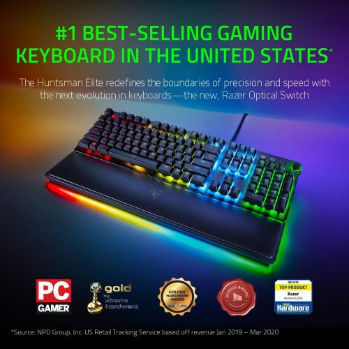 레이저 Razer Huntsman Elite Gaming Keyboard: Fastest Keyboard Switches Ever - Clicky Optical Switches - Chroma RGB Lighting - Magnetic Plush Wrist Rest - Dedicated Media Keys & Dial - Cla