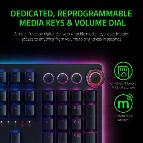 레이저 Razer Huntsman Elite Gaming Keyboard: Fastest Keyboard Switches Ever - Clicky Optical Switches - Chroma RGB Lighting - Magnetic Plush Wrist Rest - Dedicated Media Keys & Dial - Cla