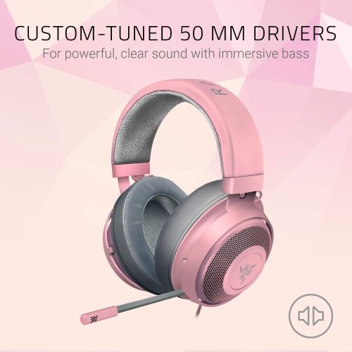 레이저 Razer Kraken Gaming Headset: Lightweight Aluminum Frame - Retractable Noise Isolating Microphone - For PC, PS4, Nintendo Switch - 3.5 mm Headphone Jack - Quartz Pink