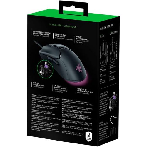 레이저 Razer Viper Mini - Wired Gaming Mouse for PC/Mac (Ultralight 61g, Ambidextrous, Speedflex Cable, 8,500 DPI Optical Sensor, Chroma RGB Illumination) Black