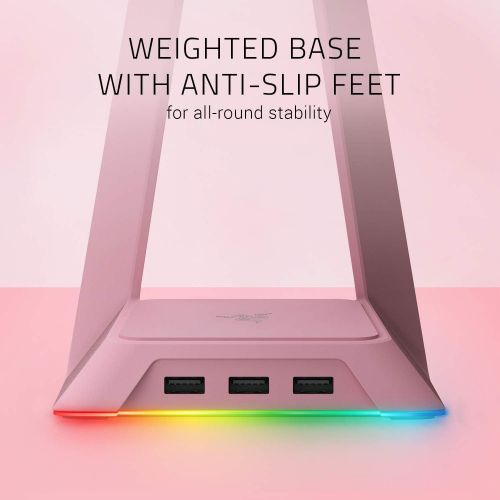 레이저 Razer Base Station Chroma Headphone/Headset Stand w/ USB Hub: Chroma RGB Lighting - 3x USB 3.0 Ports - Non-Slip Rubber Base - Designed for Gaming Headsets - Quartz Pink