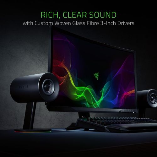 레이저 Razer Nommo Chroma: Custom Woven 3 Glass Fiber Drivers - Rear-Facing Bass Ports - Bass Knob w/ Automatic Gain Control - Razer Chroma Enabled - Full Range 2.0 PC Gaming Speakers, Bl