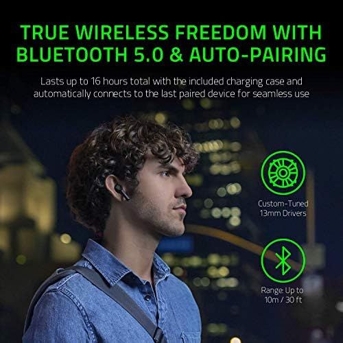 레이저 Razer Hammerhead True Wireless Bluetooth Gaming Earbuds: 60ms Low Latency - 13mm Drivers - IPX4 Water Resistant - Bluetooth 5.0 Auto Pairing - Touch Enabled - Classic Black