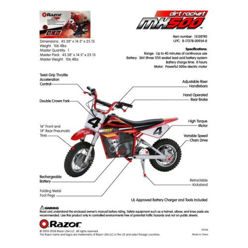 레이져(Razor) Razor MX500 Kids Toy Dirt Rocket Supercross Electric Bike Motorcycle (2 Pack)