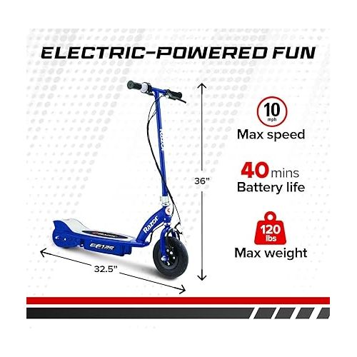 레이져(Razor) Razor E125 Kids Ride-on 24V Motorized Battery Power Operated Electric Scooter with up to 10 MPH Speed and Pneumatic Wheels for Ages 8 above, Blue