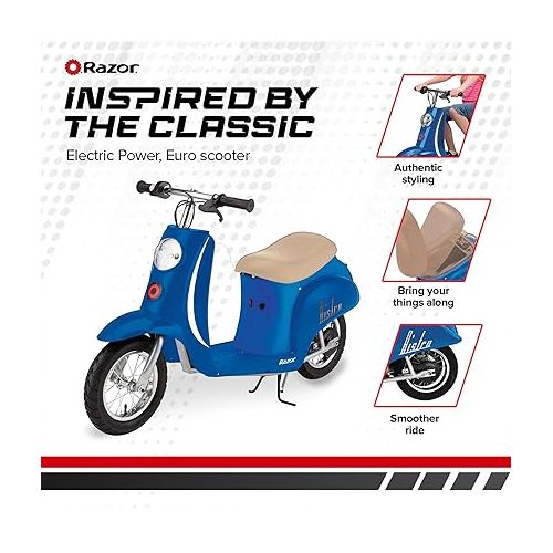 레이져(Razor) Razor Pocket Mod Miniature Euro 24V Electric Kids Ride On Retro Moped Scooter, Speeds up to 15 MPH and 10 Mile Range, for Ages 13 and Up, Blue