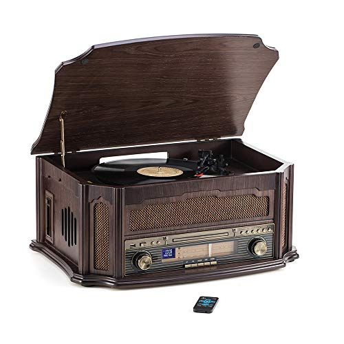  Rcm Classic Wooden Record Player with 3-Speed Vinyl Turntable, Wireless Connection, CD Player, FM Radio, Cassette Player, USB Play & Encoding, RCA Output, Include Remote Control (M