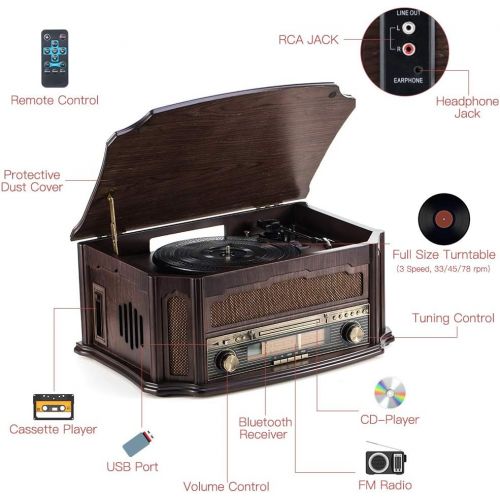  Rcm Classic Wooden Record Player with 3-Speed Vinyl Turntable, Wireless Connection, CD Player, FM Radio, Cassette Player, USB Play & Encoding, RCA Output, Include Remote Control (M