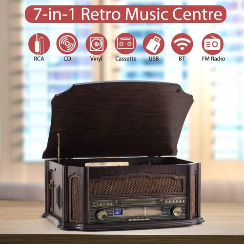  Rcm Classic Wooden Record Player with 3-Speed Vinyl Turntable, Wireless Connection, CD Player, FM Radio, Cassette Player, USB Play & Encoding, RCA Output, Include Remote Control (M