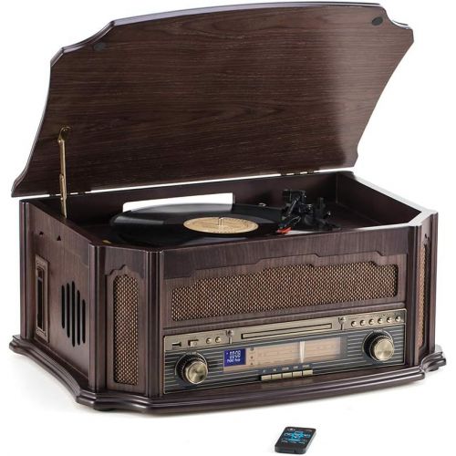  Rcm Classic Wooden Record Player with 3-Speed Vinyl Turntable, Wireless Connection, CD Player, FM Radio, Cassette Player, USB Play & Encoding, RCA Output, Include Remote Control (M