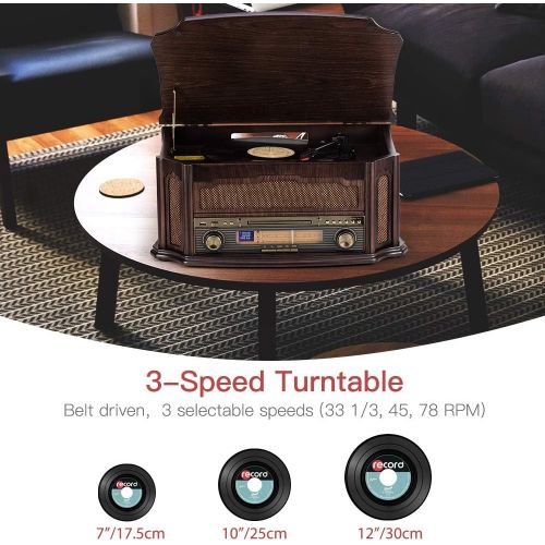  Rcm Classic Wooden Record Player with 3-Speed Vinyl Turntable, Wireless Connection, CD Player, FM Radio, Cassette Player, USB Play & Encoding, RCA Output, Include Remote Control (M