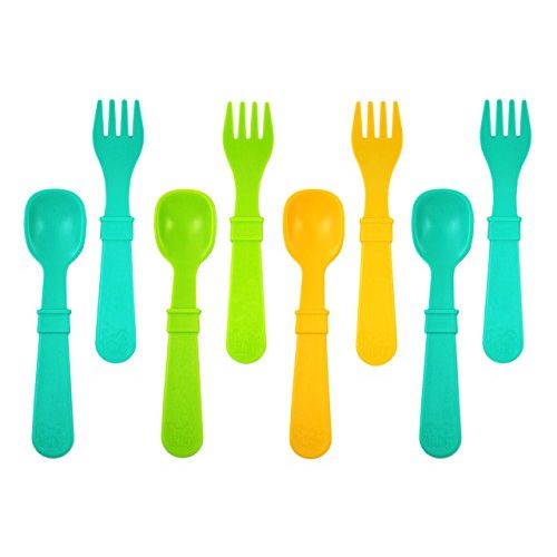  RE-PLAY Made in The USA 8pk Fork and Spoon Utensil Set for Easy Baby, Toddler, and Child Feeding in Aqua, Lime Green and Sunny Yellow | Made from Eco Friendly Recycled Milk Jugs |