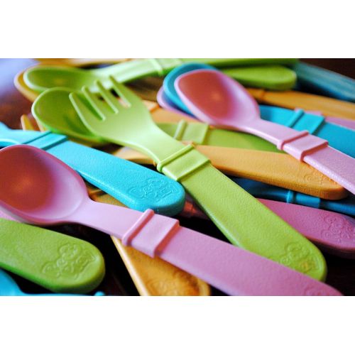  RE-PLAY Made in The USA 8pk Fork and Spoon Utensil Set for Easy Baby, Toddler, and Child Feeding in Aqua, Lime Green and Sunny Yellow | Made from Eco Friendly Recycled Milk Jugs |