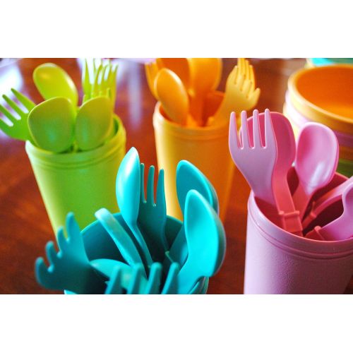  RE-PLAY Made in The USA 8pk Fork and Spoon Utensil Set for Easy Baby, Toddler, and Child Feeding in Aqua, Lime Green and Sunny Yellow | Made from Eco Friendly Recycled Milk Jugs |