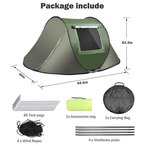  Instant Pop Up Tent, Automatic Easy Setup Outdoor Waterproof Windproof Family Tent, Upgraded 2 Doors Vestibule Sun Shelter for 2/3 People Outdoor Camping,Travelling,Hiking, Beach,Green