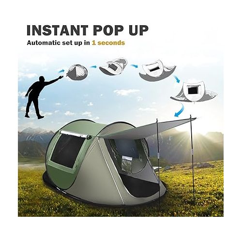  Instant Pop Up Tent, Automatic Easy Setup Outdoor Waterproof Windproof Family Tent, Upgraded 2 Doors Vestibule Sun Shelter for 2/3 People Outdoor Camping,Travelling,Hiking, Beach,Green